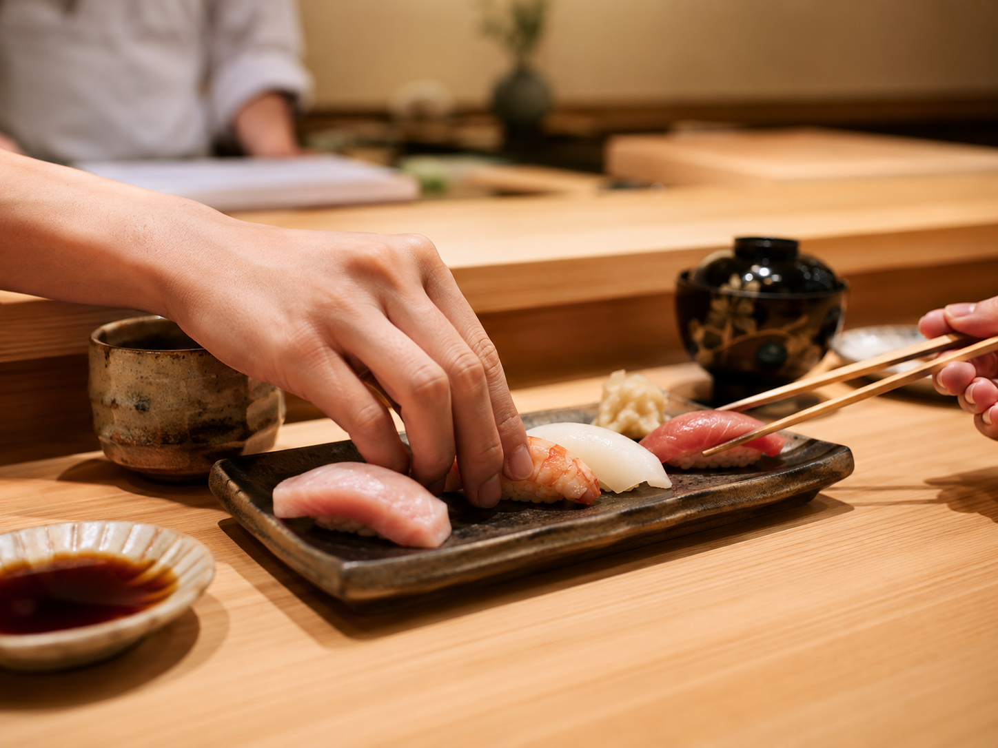 寿司を手と箸で自然に食べる二つの方法