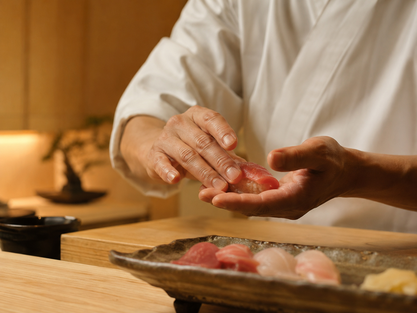 寿司職人が静かに握る手元
