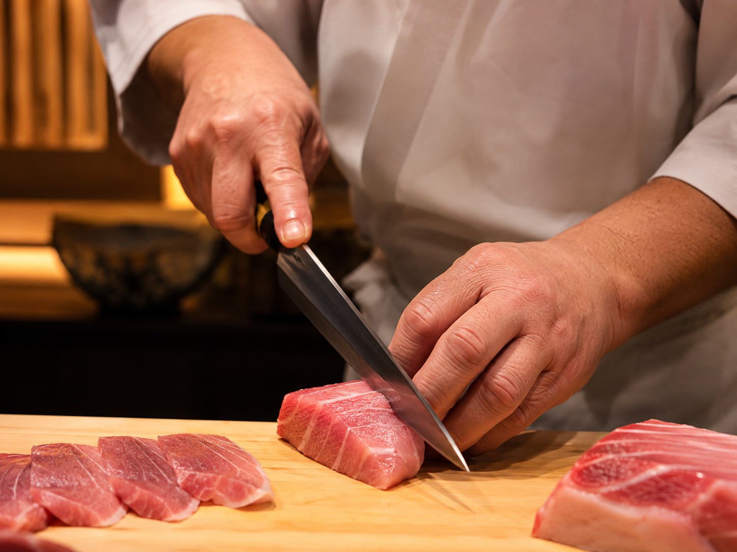 寿司職人が包丁で魚を美しく切る手元