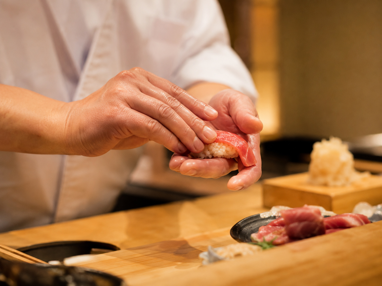 職人がシャリとネタを合わせて握る瞬間