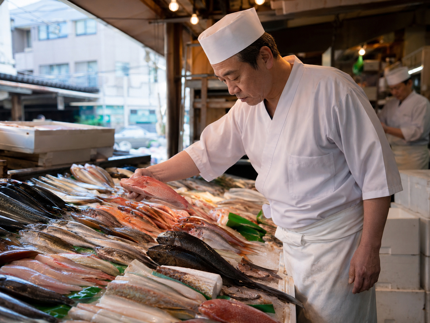 市場の朝に魚を見極める寿司職人