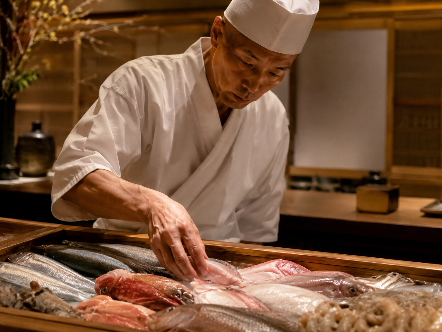 寿司職人が季節の魚を見極めて選ぶ様子