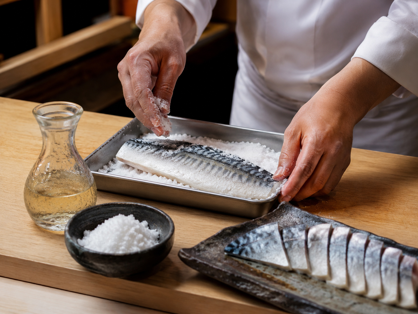 鯖を塩と酢で締める寿司の仕事