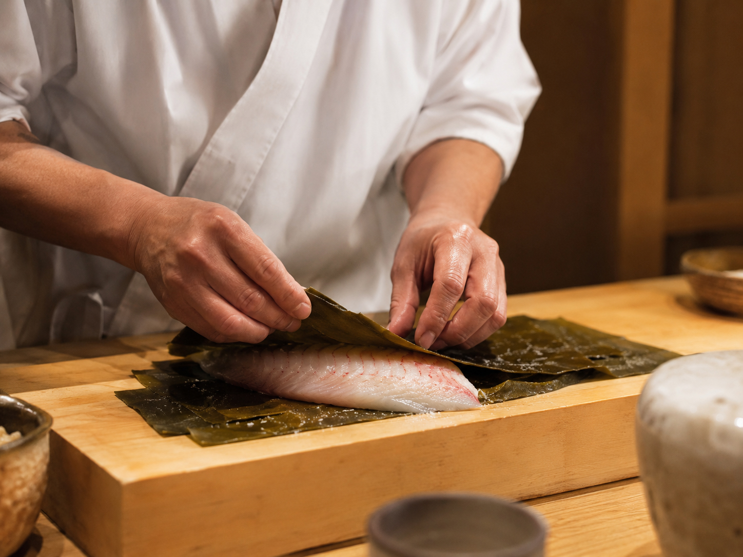 白身魚を昆布締めにする寿司職人の仕事