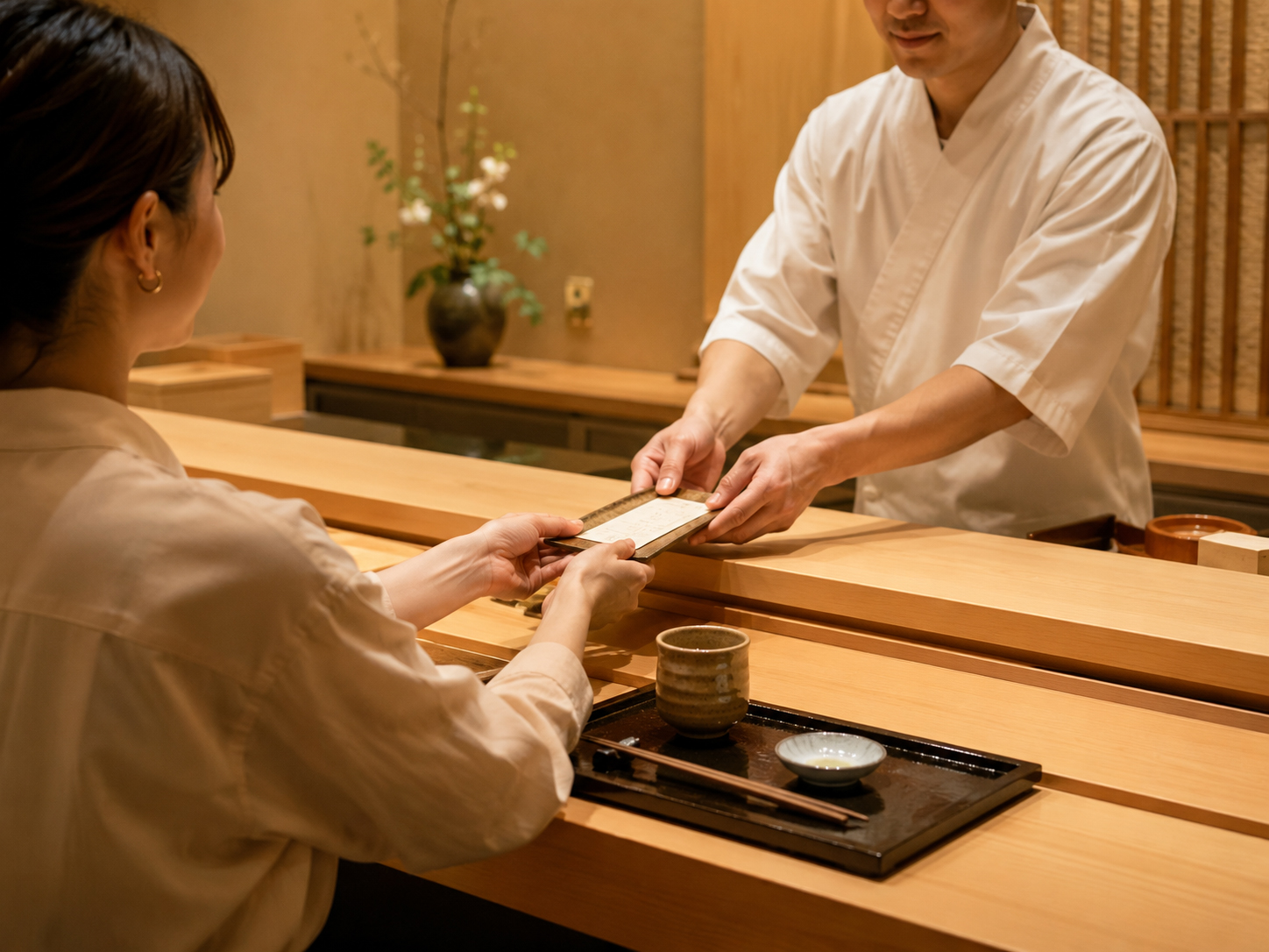 寿司屋で会計を済ませて感謝を伝える静かな場面