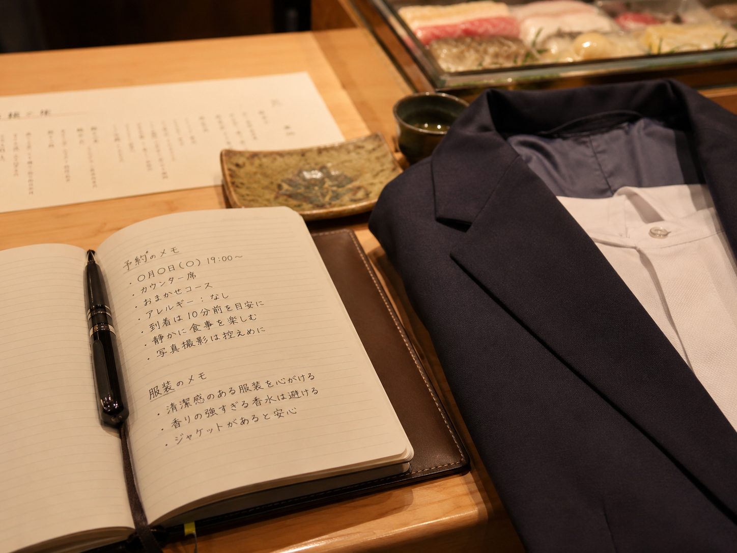 寿司屋の予約メモと清潔感のある服装を準備する場面