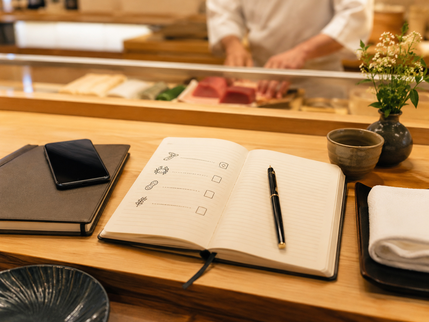 予約時にアレルギー情報をメモして寿司店に伝える様子