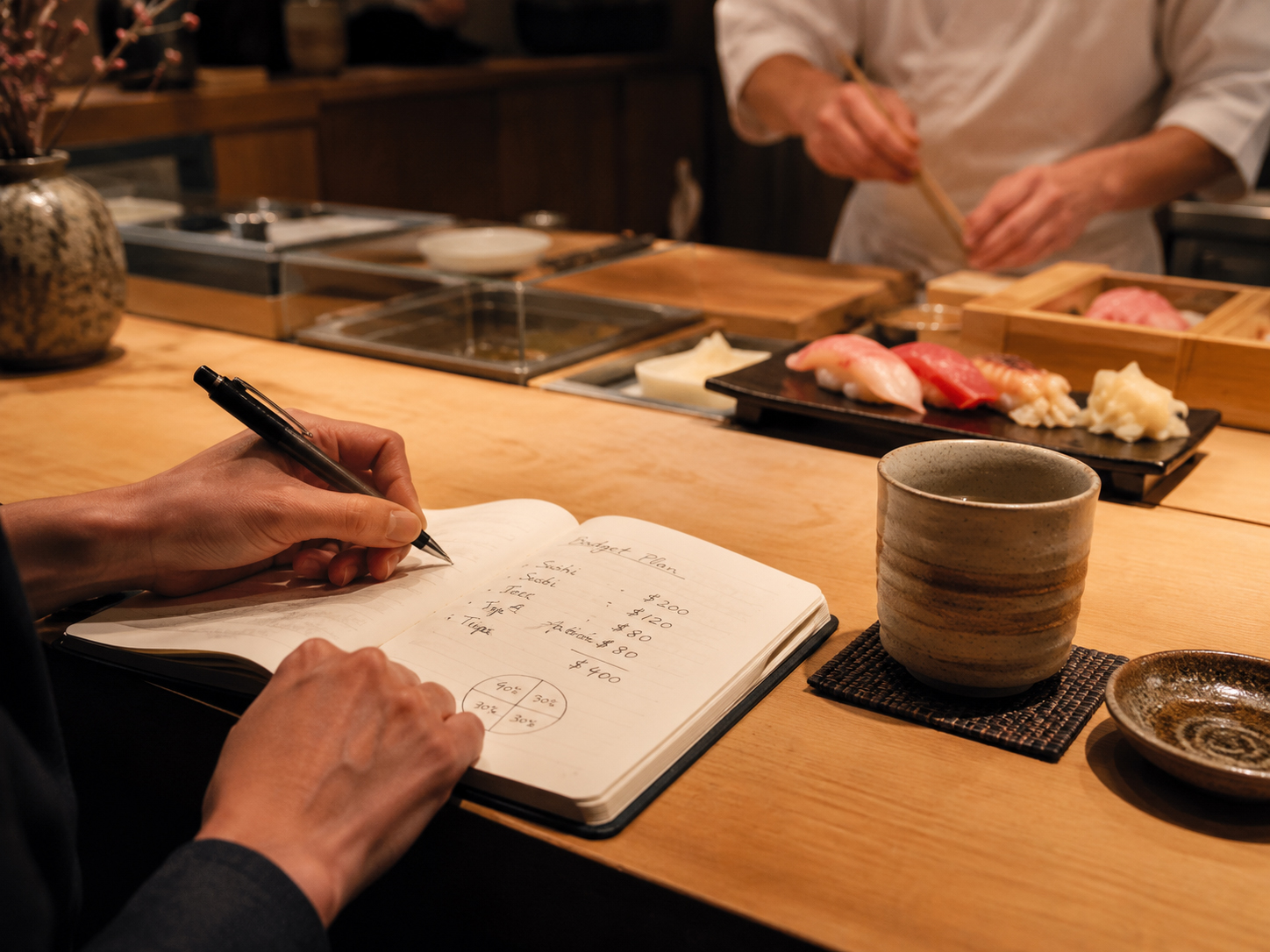 寿司の予算をメモしながら店を選ぶ静かな机