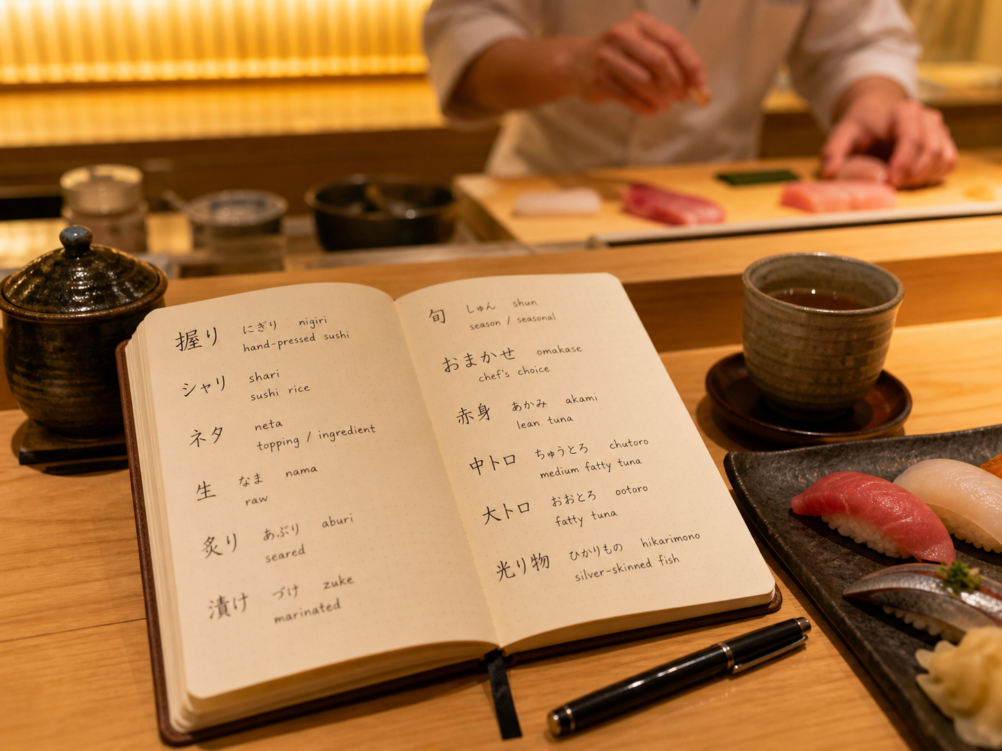寿司カウンターと寿司用語を書いた手帳