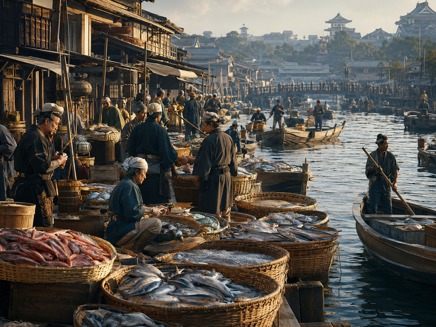 江戸の水辺と魚河岸を思わせる歴史的な風景
