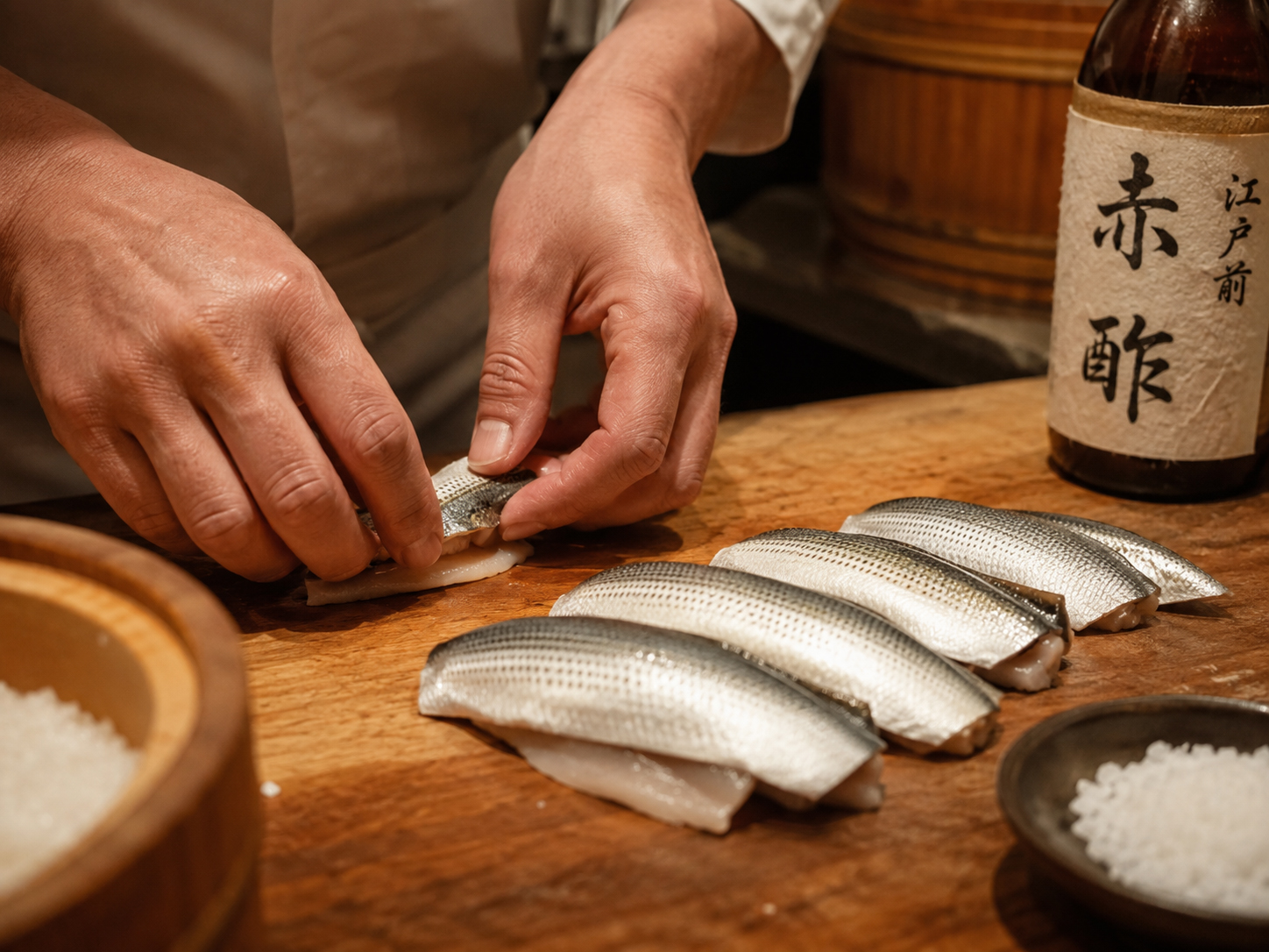 こはだを酢で締める江戸前寿司の仕事