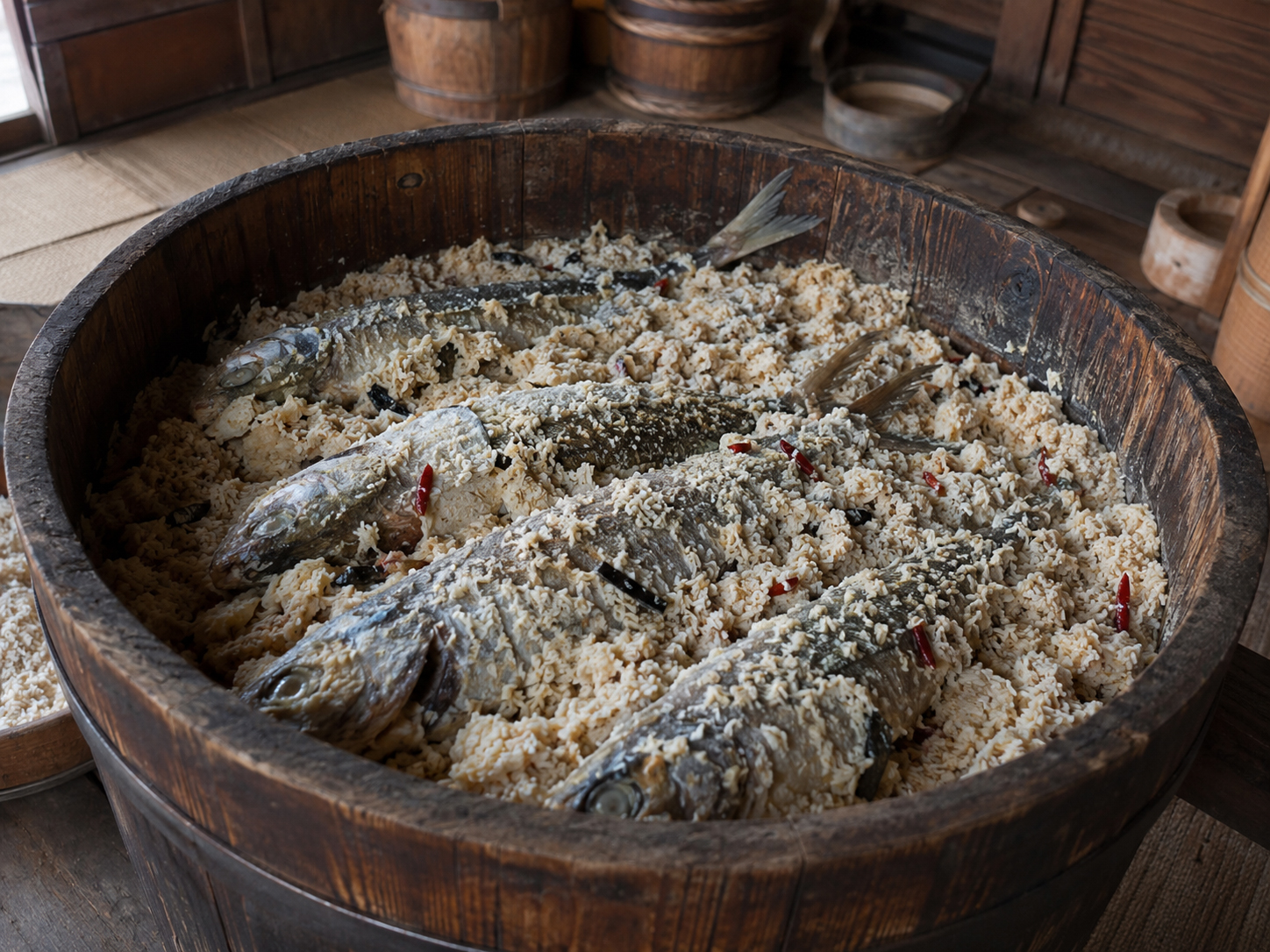 木桶の中で米と魚を合わせて発酵させるなれずし