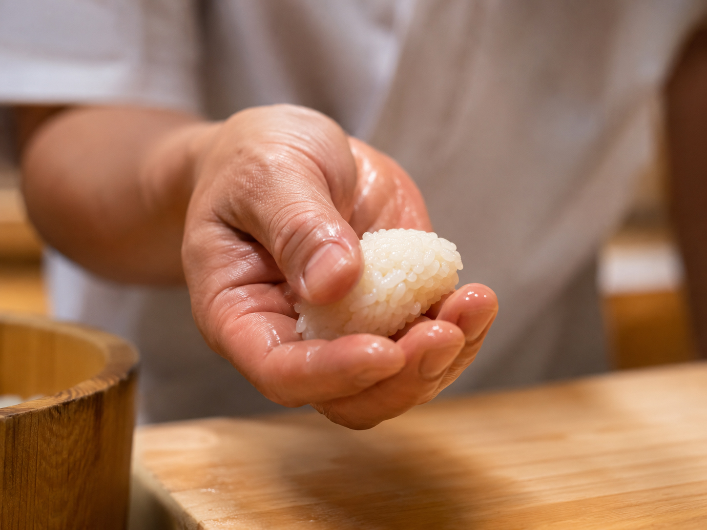 酢飯を手で整え握り寿司の形にする職人の手元