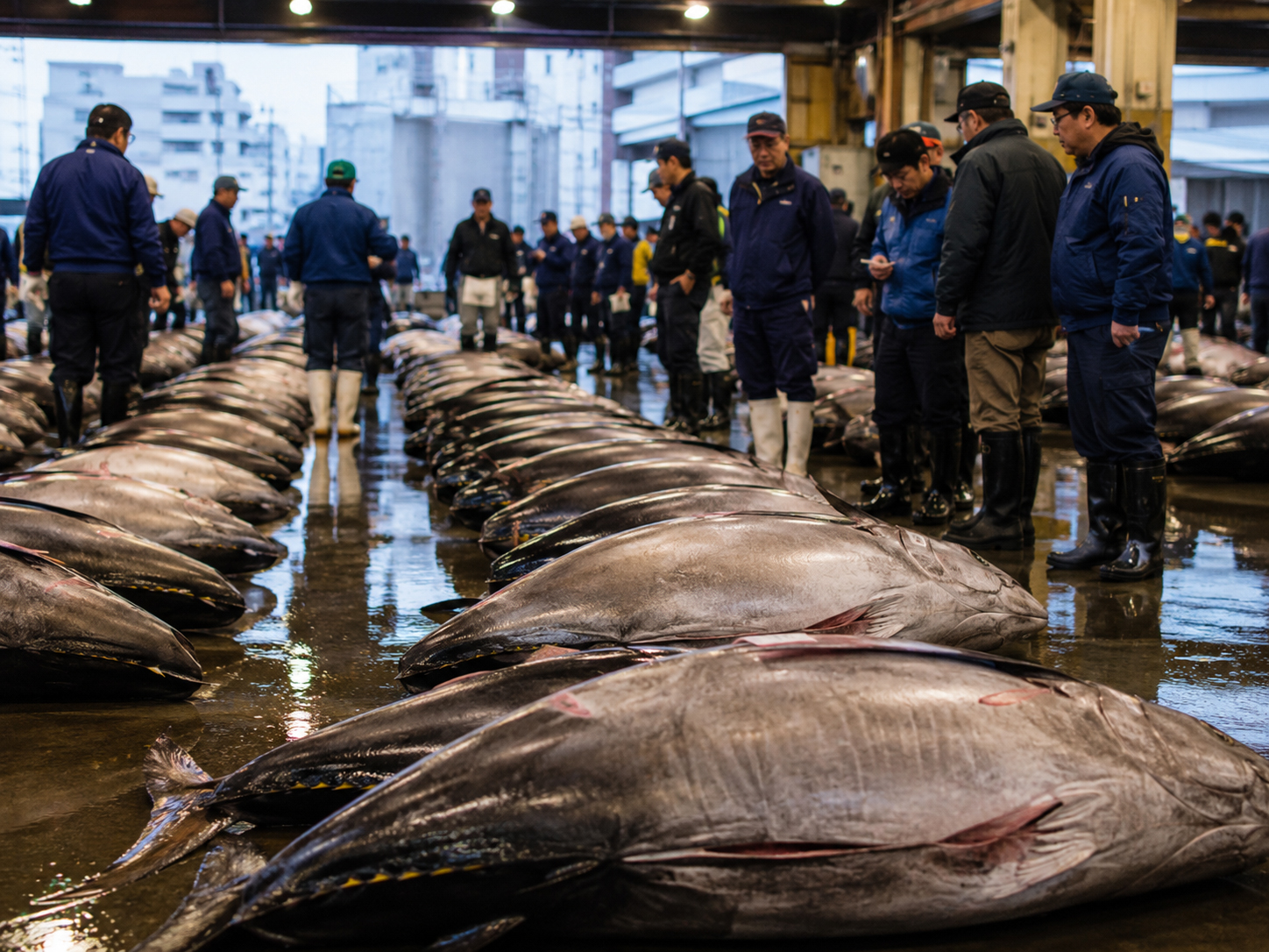 東京の魚市場の朝とまぐろを見極める人々