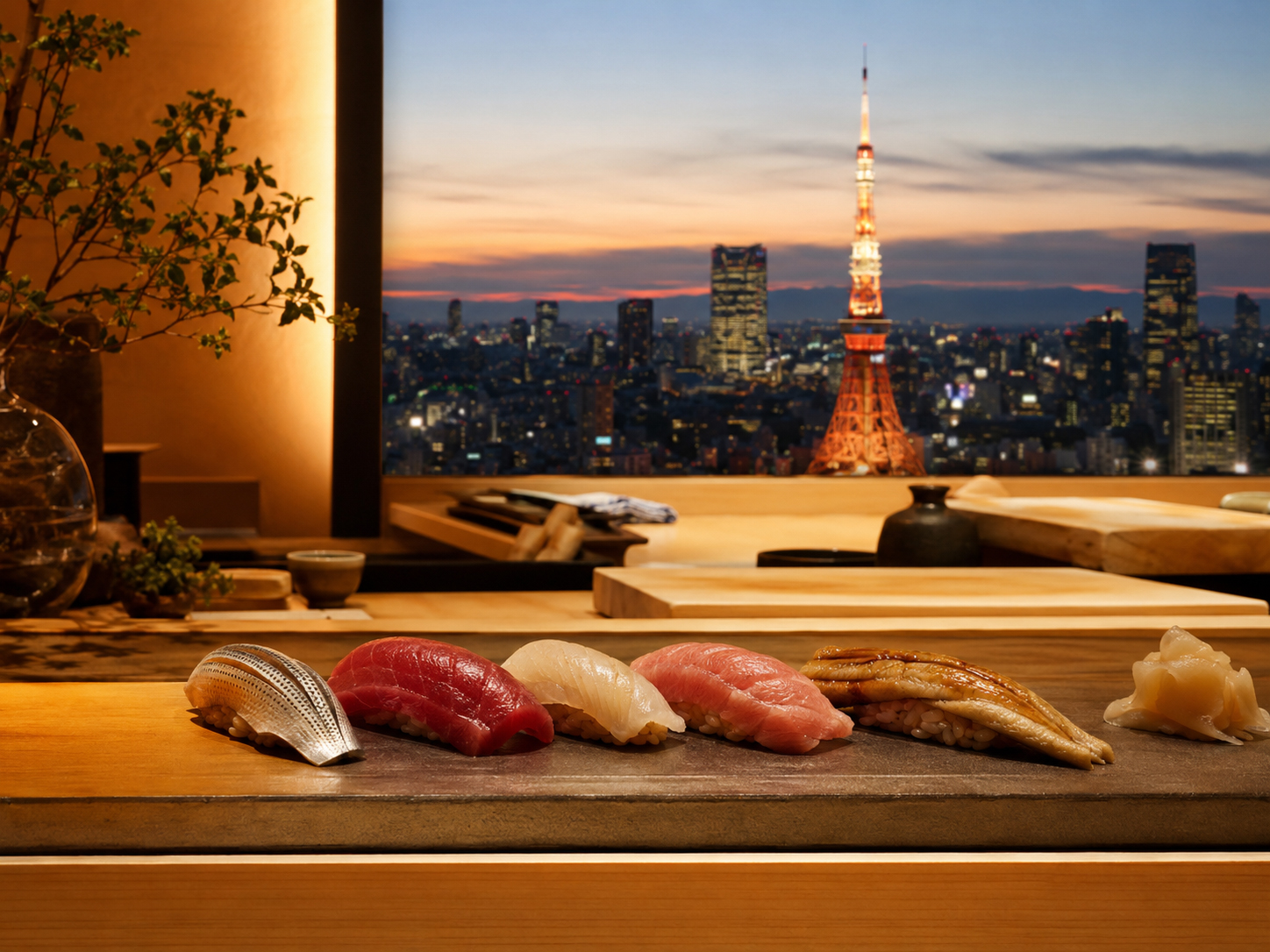 東京の夜景と江戸前寿司のカウンター