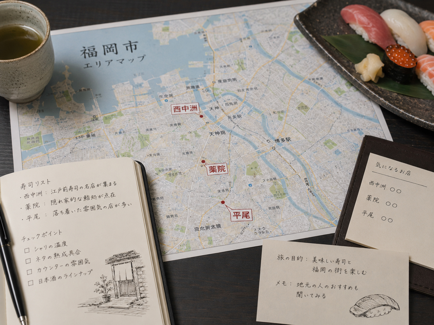 薬院、平尾、西中洲を結ぶ福岡の寿司地図