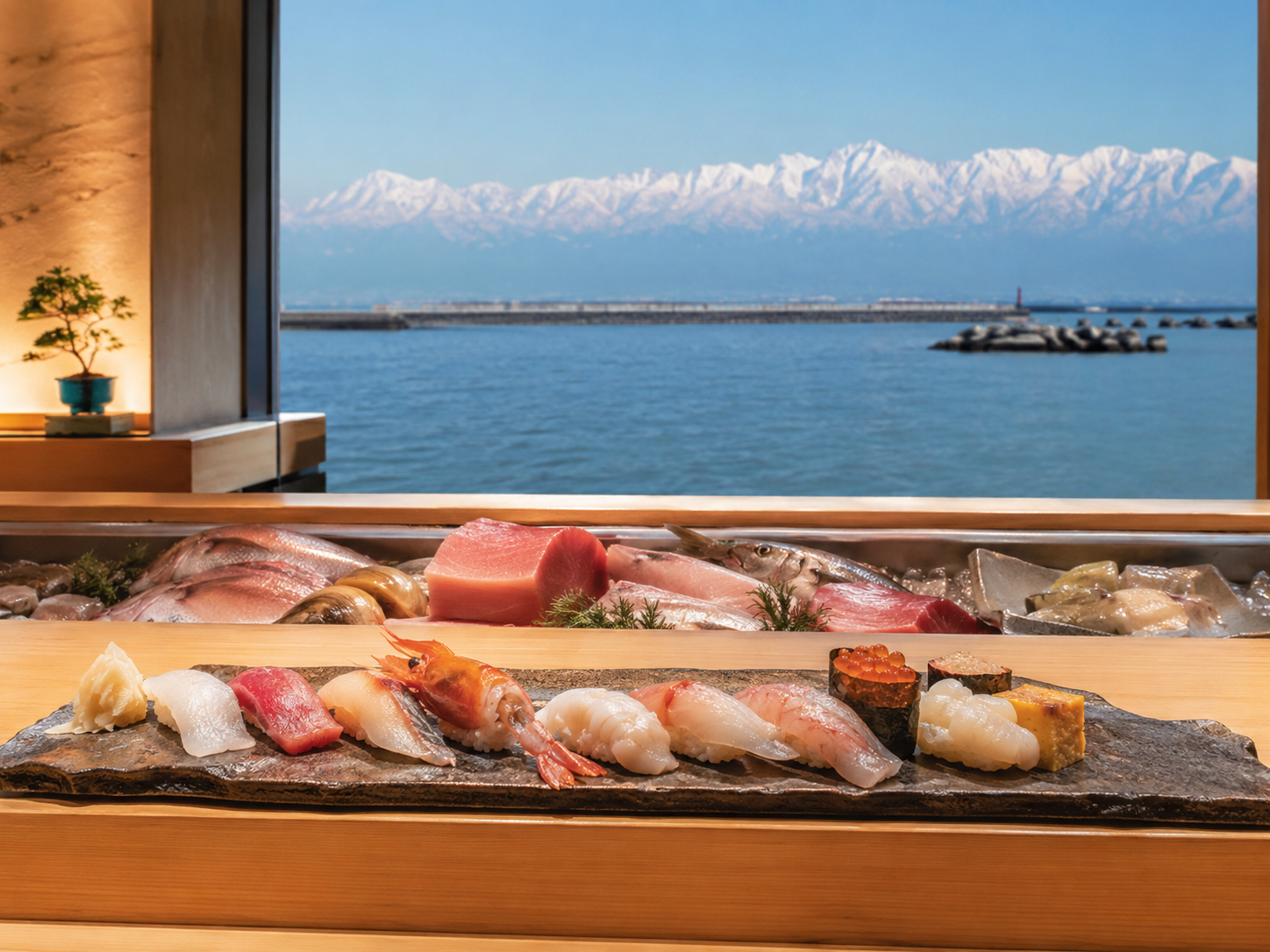 富山湾、立山連峰、寿司カウンター