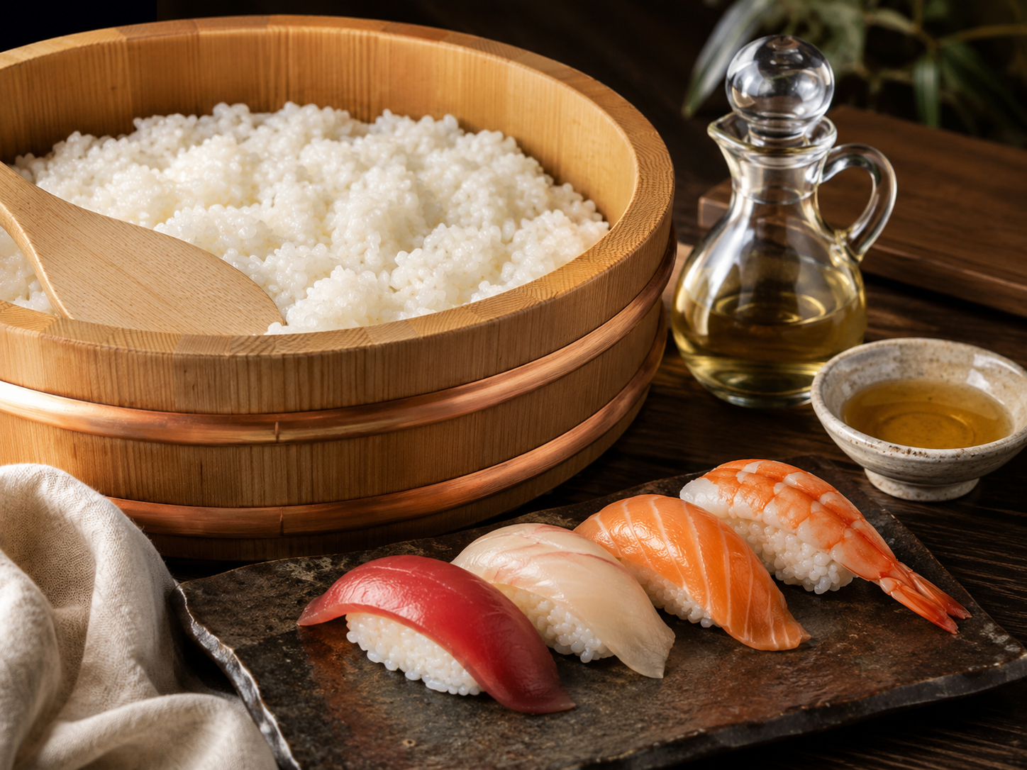 飯台のシャリ、酢、寿司の一貫が静かに並ぶ構図
