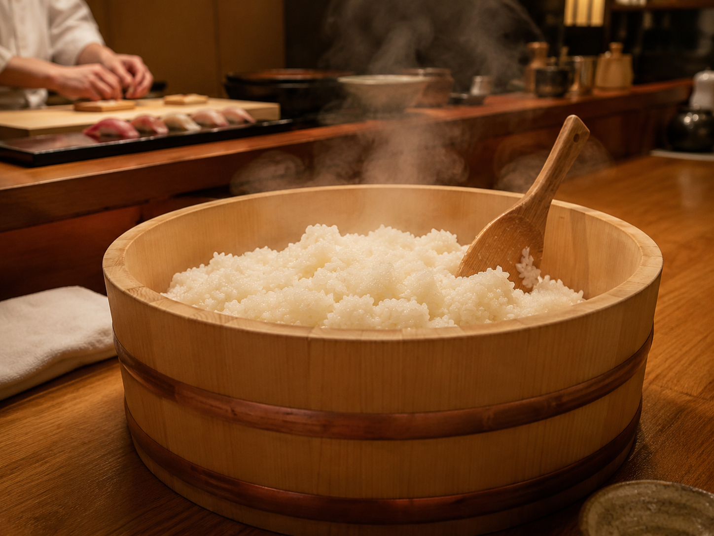 湯気の立つ寿司飯と飯台
