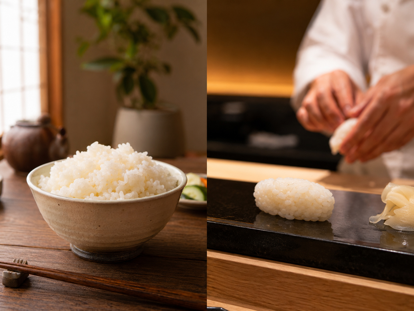 家庭の酢飯と寿司カウンターのシャリを対比する構図