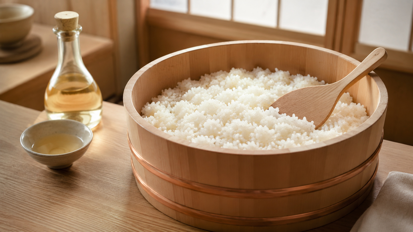 飯台で整えられる寿司のシャリ