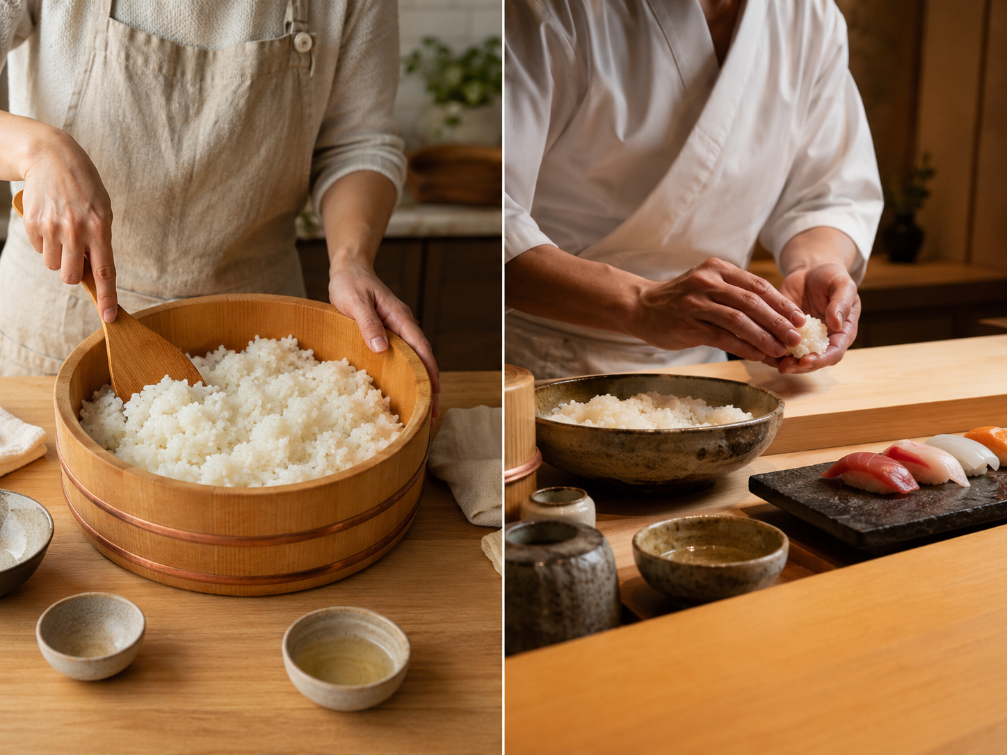 家庭の寿司飯と寿司職人のシャリを対比する構図