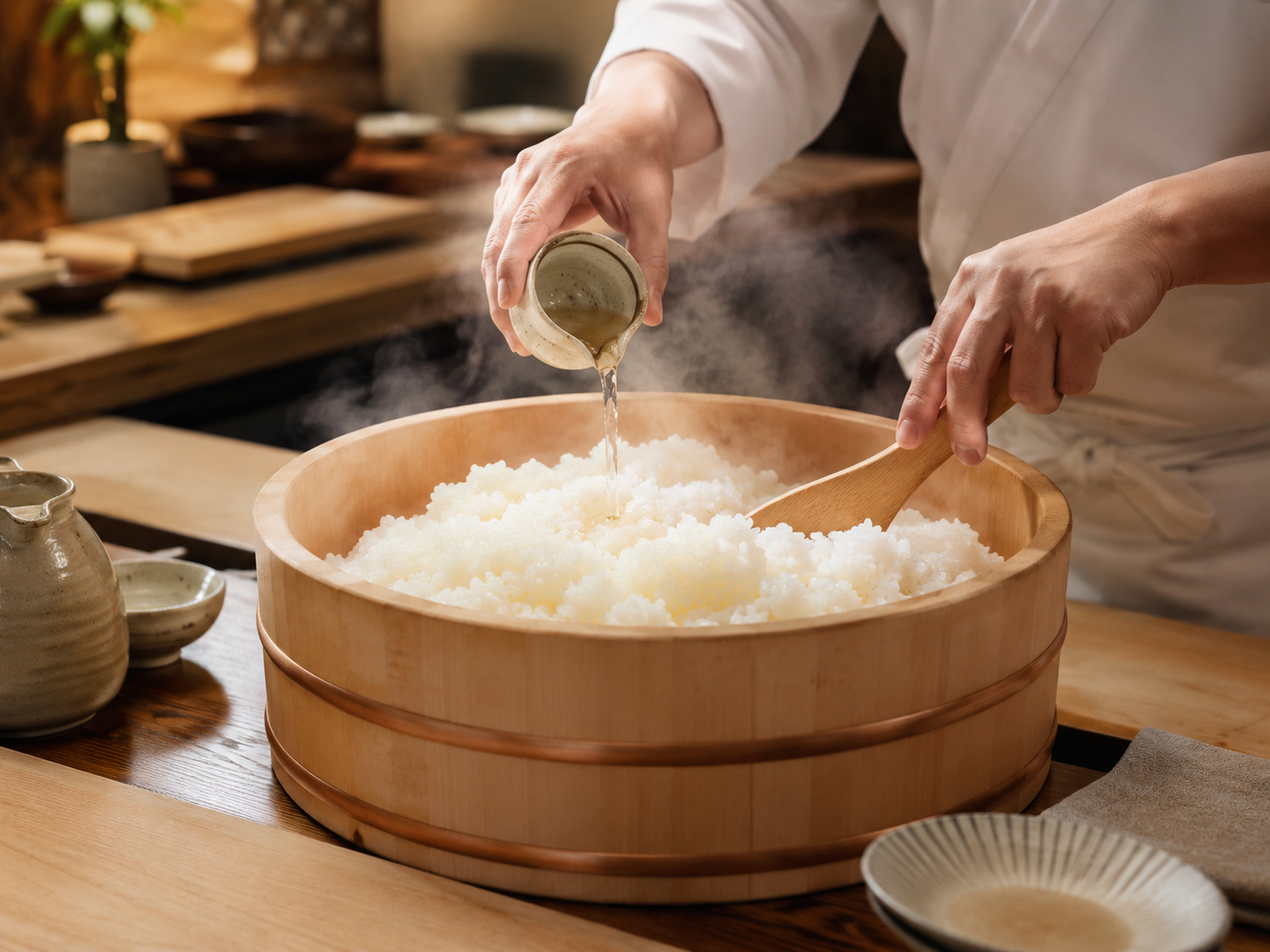 温度を整えられた酢飯の湯気と飯台